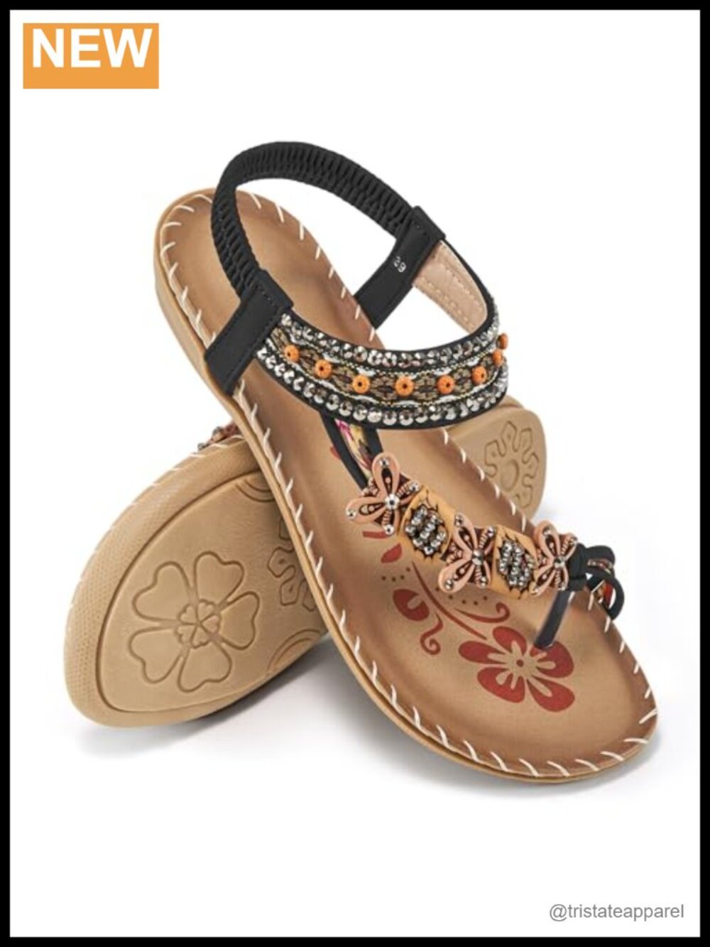 Boho Beaded Toe Ring Flat Sandals with Ankle Strap - Casual Vacation Walking